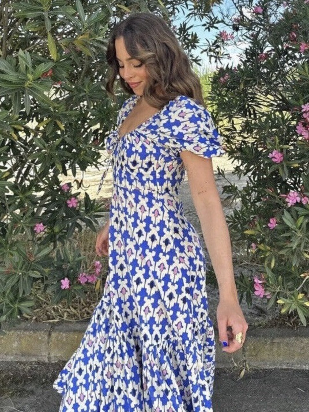 Zara Dress Womens XS Blue Geometric Puff Sleeve Midi Cotton